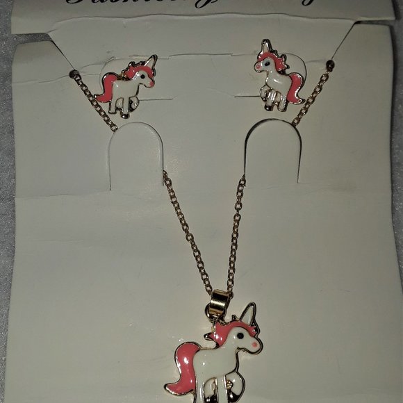 Cute Unicorn Pendant Necklace and Earrings Set - Picture 2 of 7